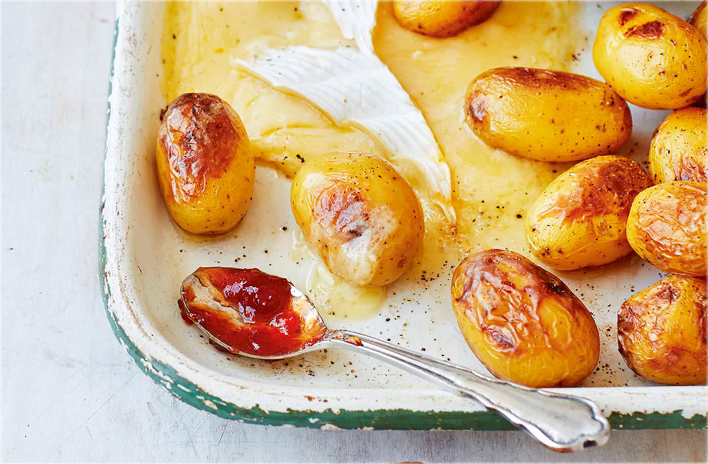 Baked Cornish potatoes and Brie with pickles
