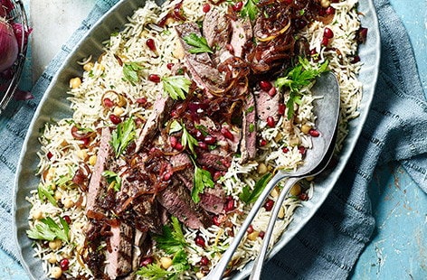 Image of "Jammy red onion and chickpea pilaf"