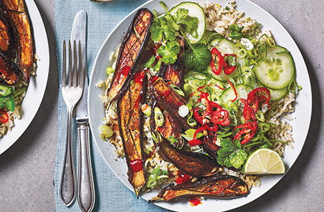 Image of "Miso aubergine and brown rice bowls"