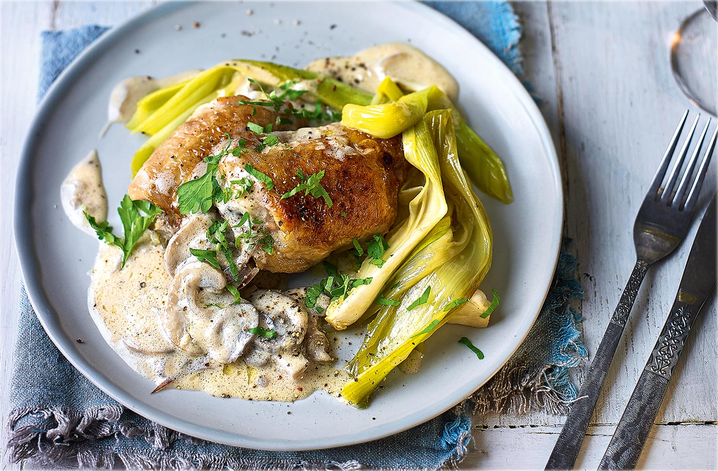 Crispy chicken with creamy mushrooms and braised leeks