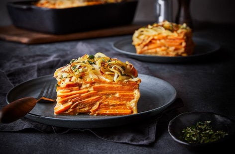 Image of "Miso sweet potato pie with crispy onions"