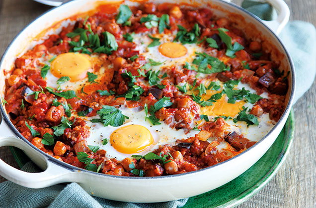 One-pot harissa-spiced aubergine and eggs