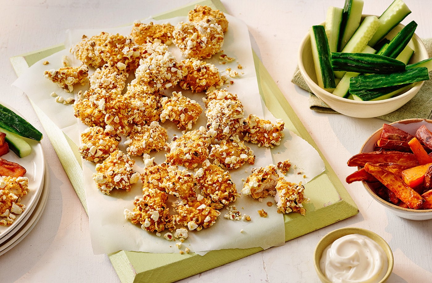 Popcorn-crusted chicken nuggets with sweet potato wedges 