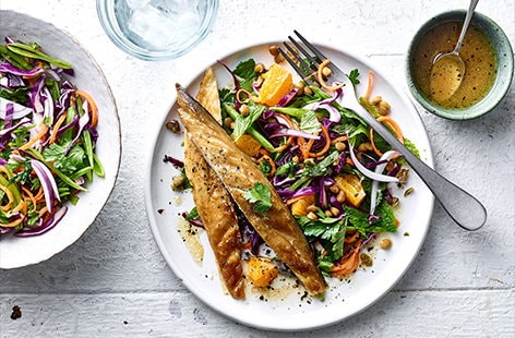Image of "Smoked mackerel with rainbow lentil slaw"