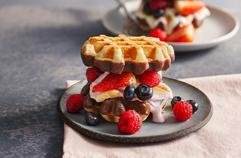 Image of "Chocolate waffle sharing s'mores"