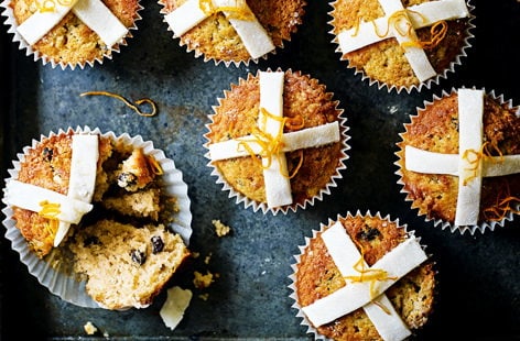 Image of "Orange and marzipan hot cross cupcakes"