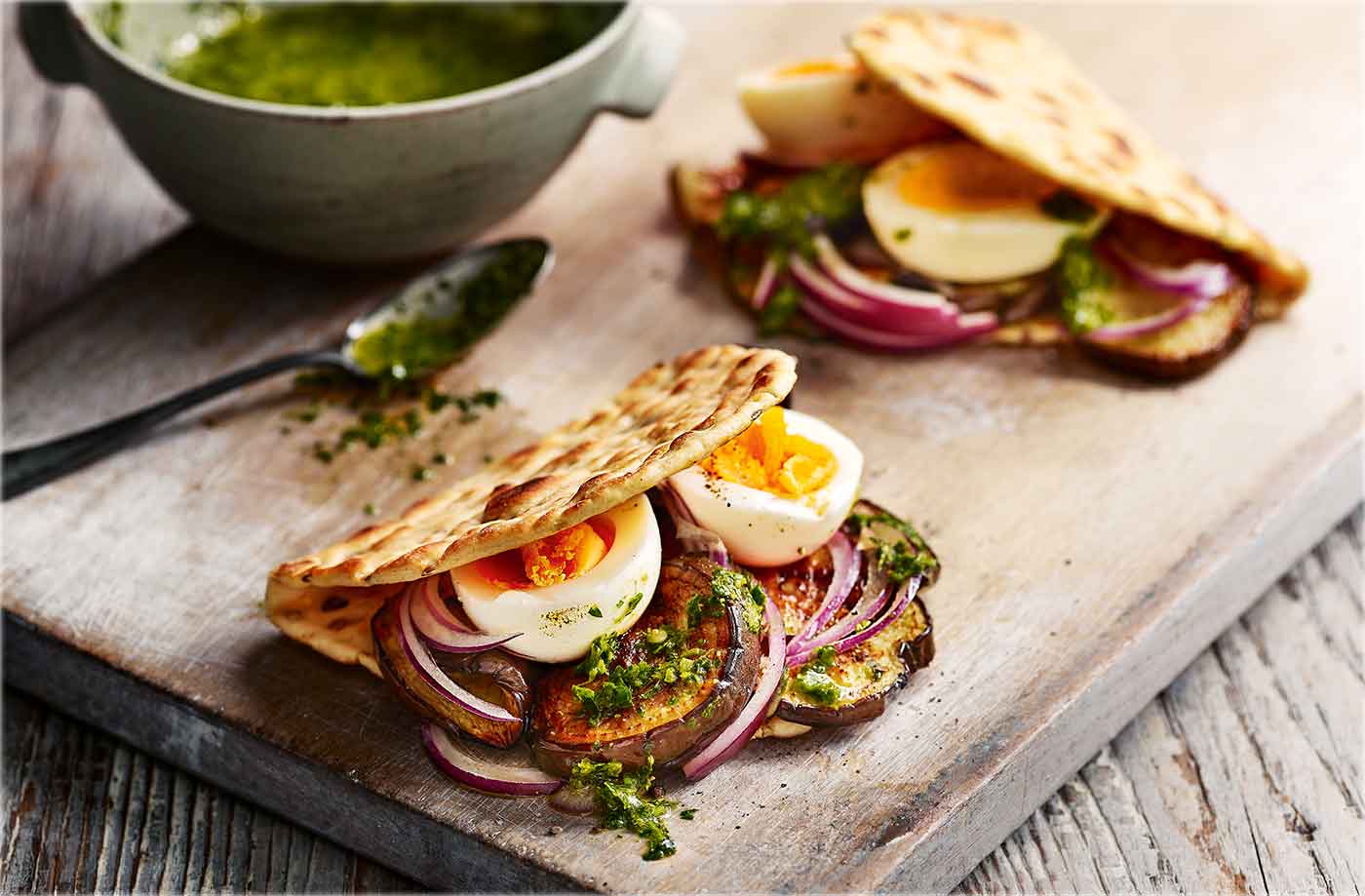 Aubergine, zhoug and egg flatbreads