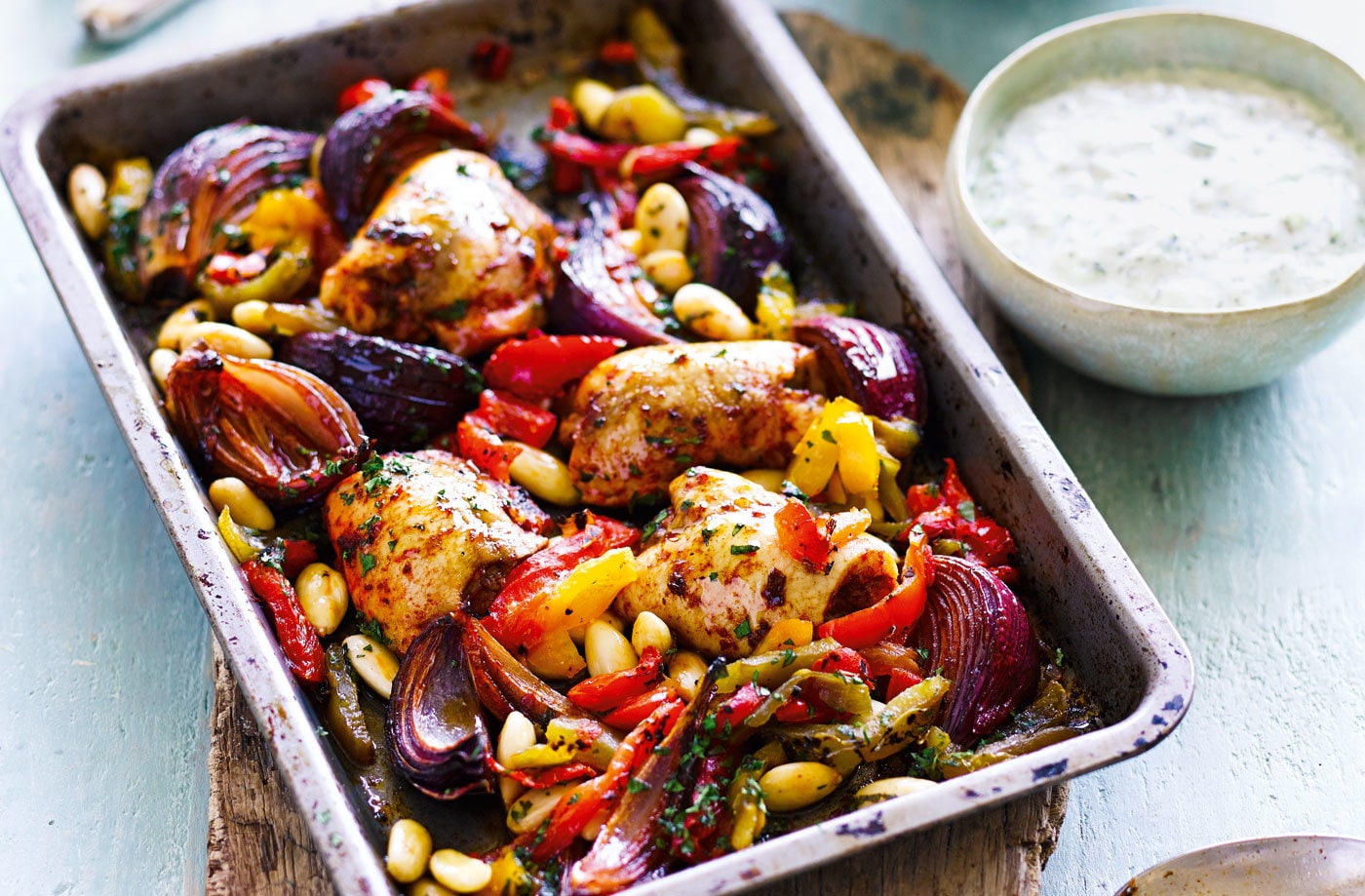 Harissa chicken bake with tzatziki