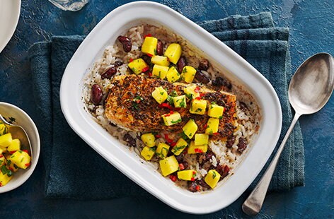 Image of "Jerk salmon traybake with rice and peas "