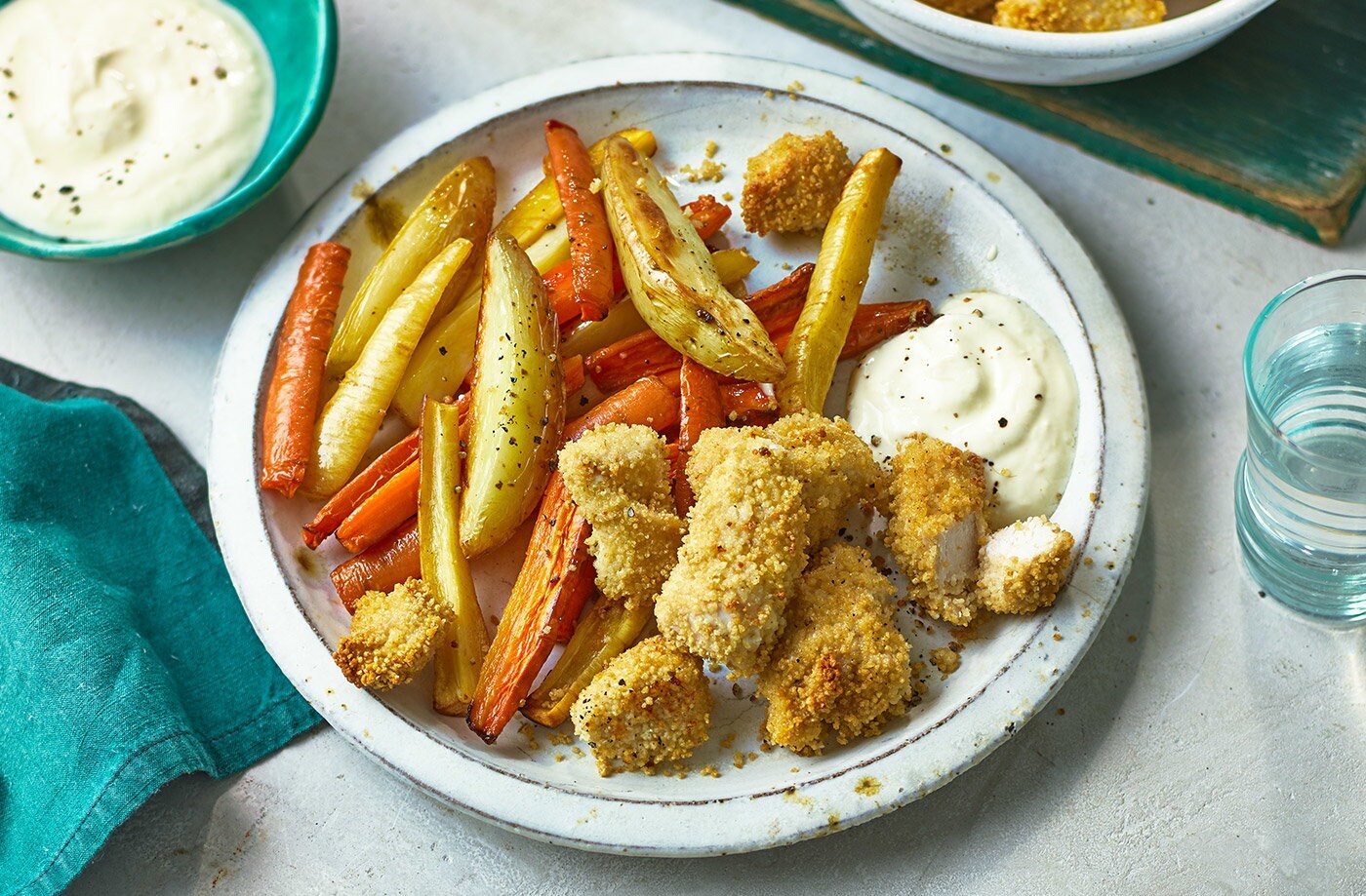 Couscous chicken nuggets and rainbow chips