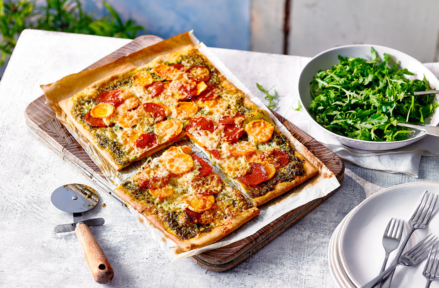 Sweet potato, pesto and pepperoni pizza
