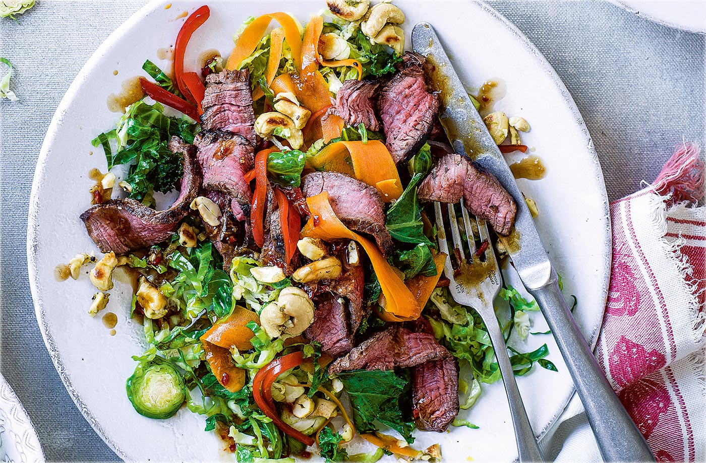 Thai beef and sprout stir-fry with salt and pepper cashews
