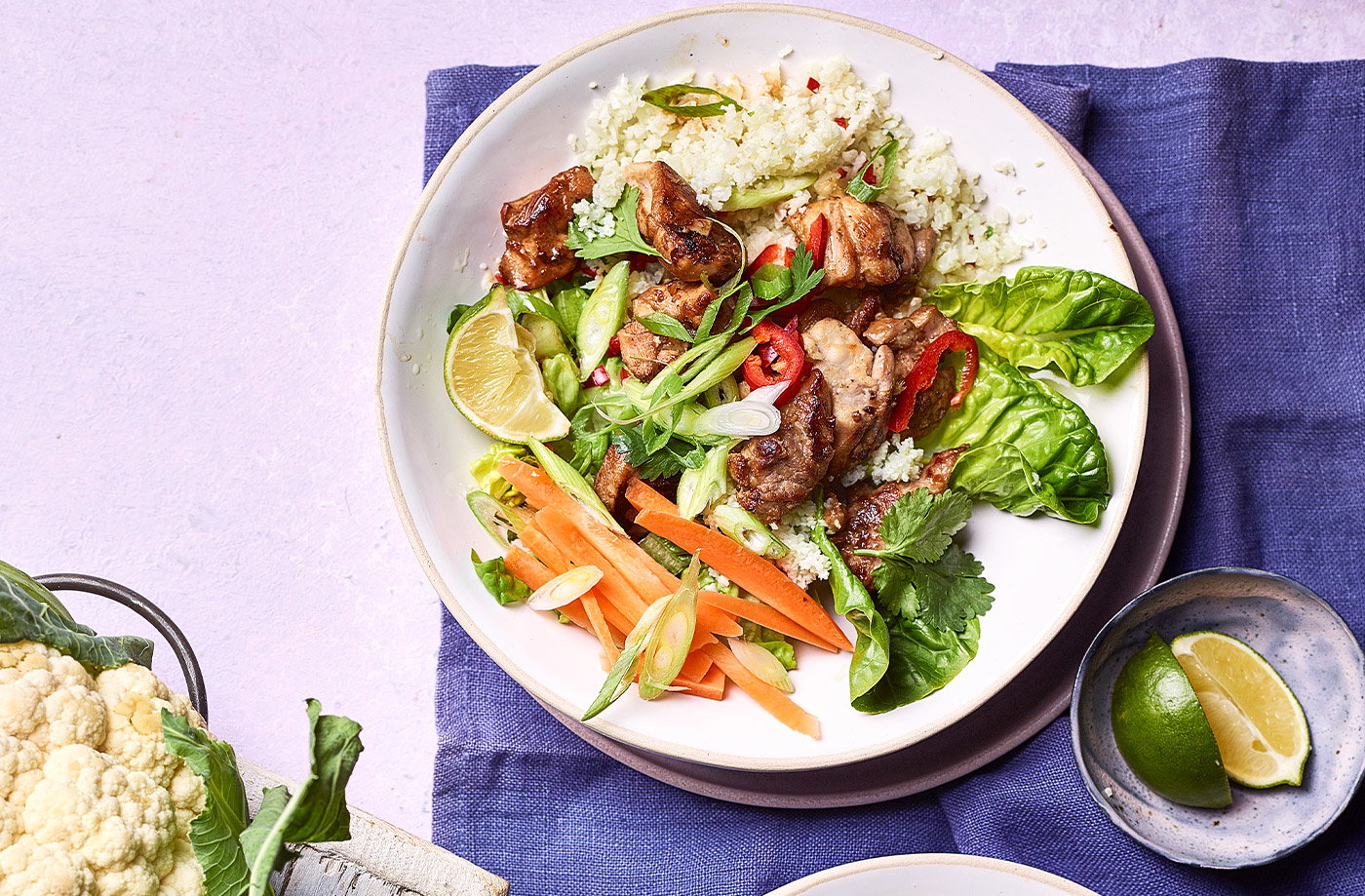 Sticky chicken and cauliflower rice bowls