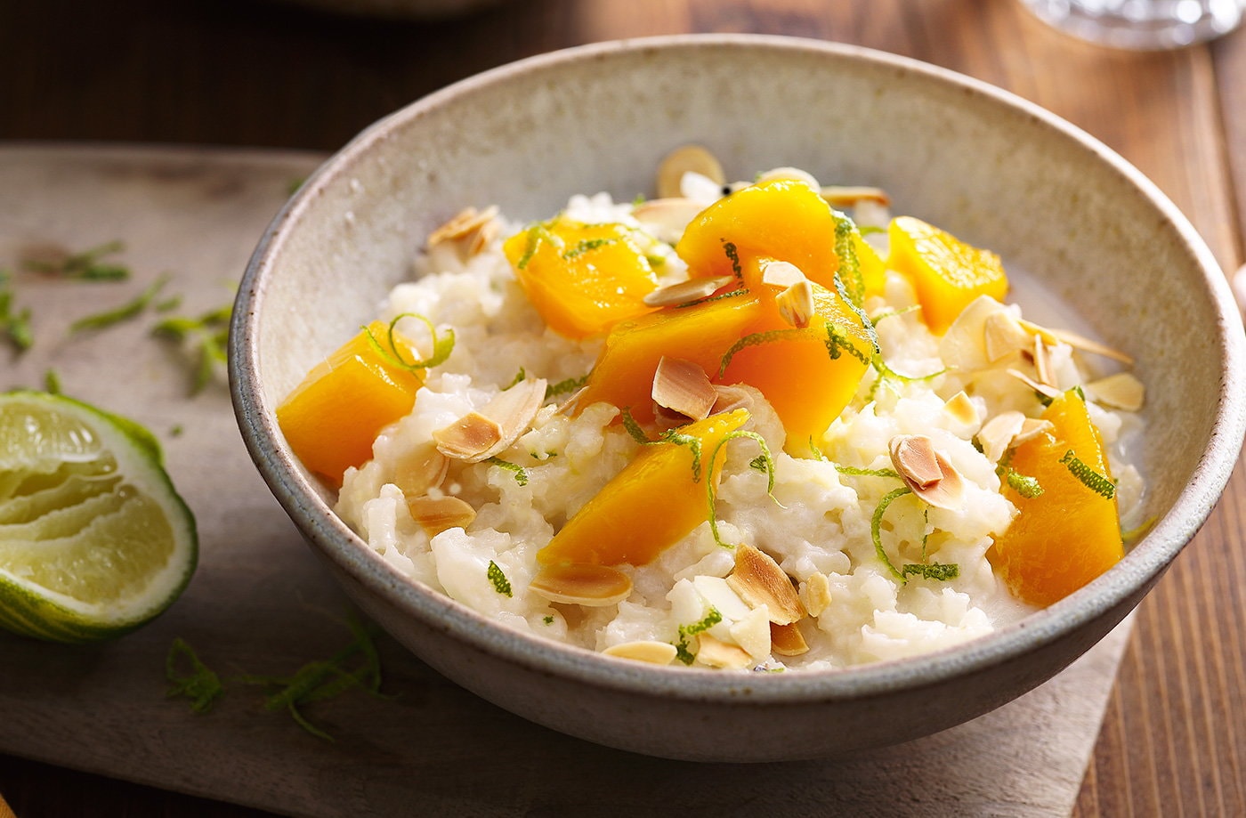 Slow-cooked mango rice pudding