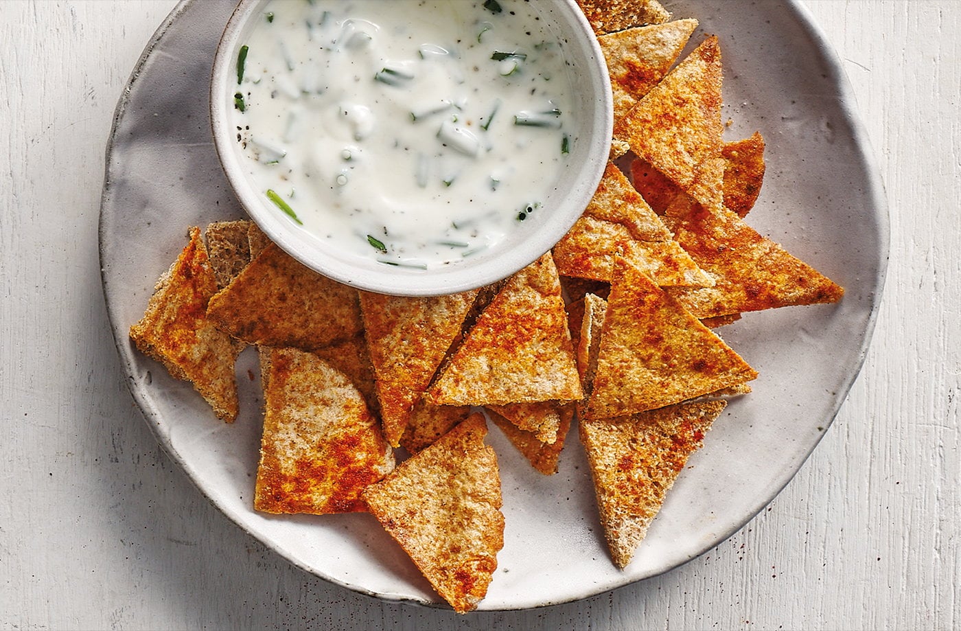 Pitta chips with chive dip