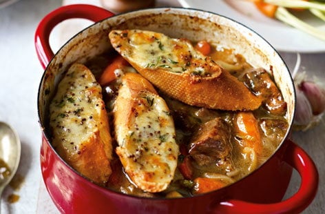 Image of "Beef and ale stew with cheesy croutons "