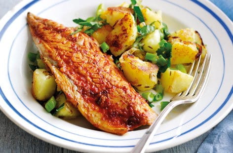 Image of "Harissa-spiced mackerel with cumin potato hash"
