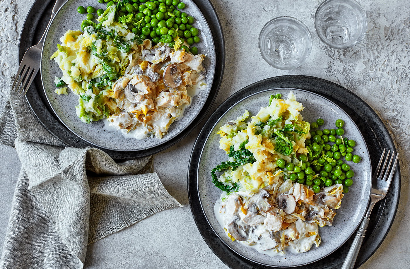 Creamy mushrooms and chicken with colcannon mash