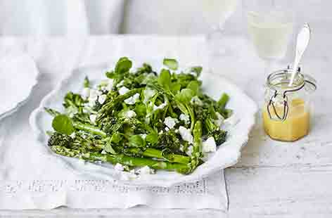 Image of "Roasted asparagus, purple sprouting broccoli and feta salad"
