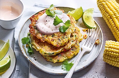 Image of "Charred corn and halloumi pancakes"