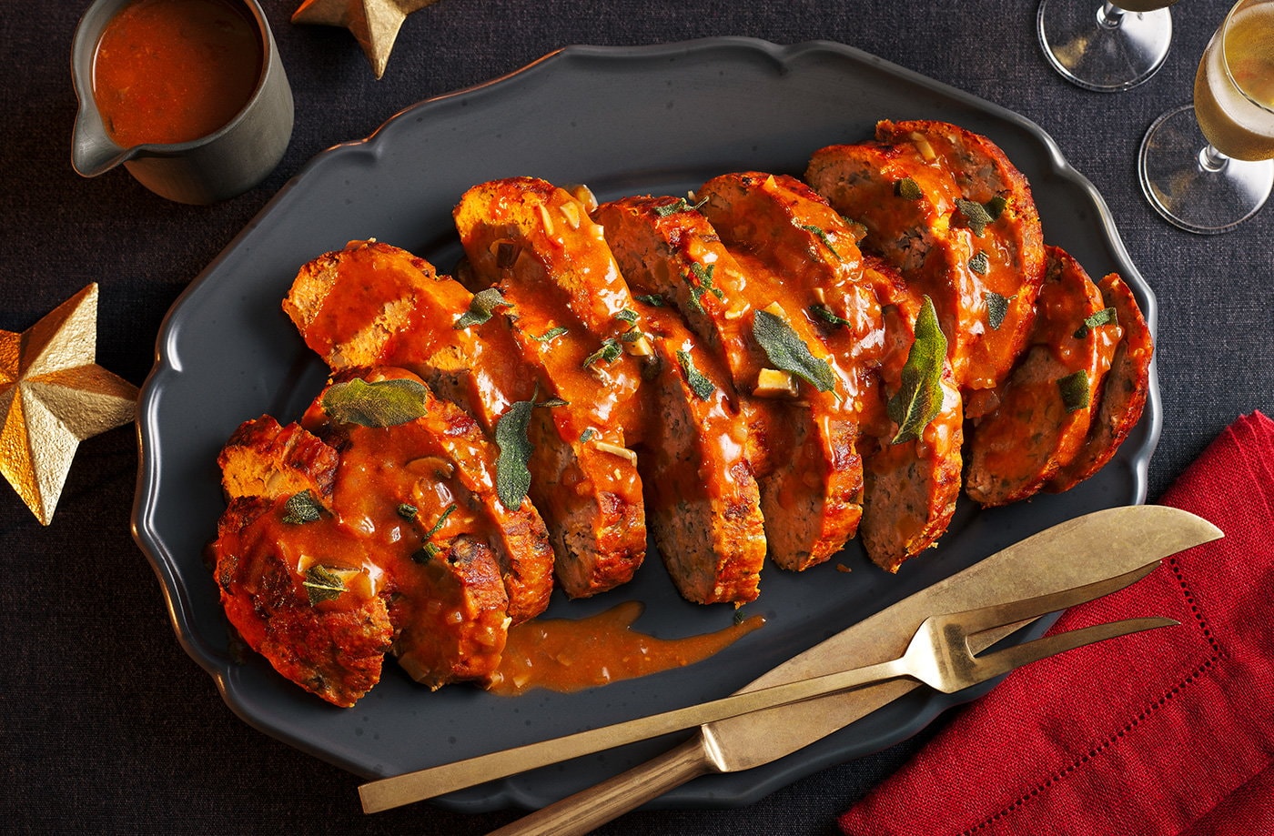 Festive turkey meatloaf with crispy sage leaves