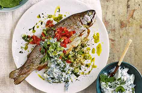 Image of "Stuffed trout with cucumber and mint yogurt"