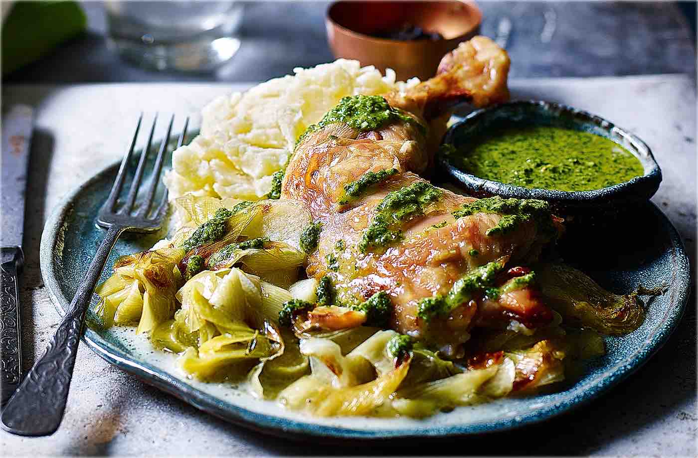 Creamy leeks with roast chicken and salsa verde