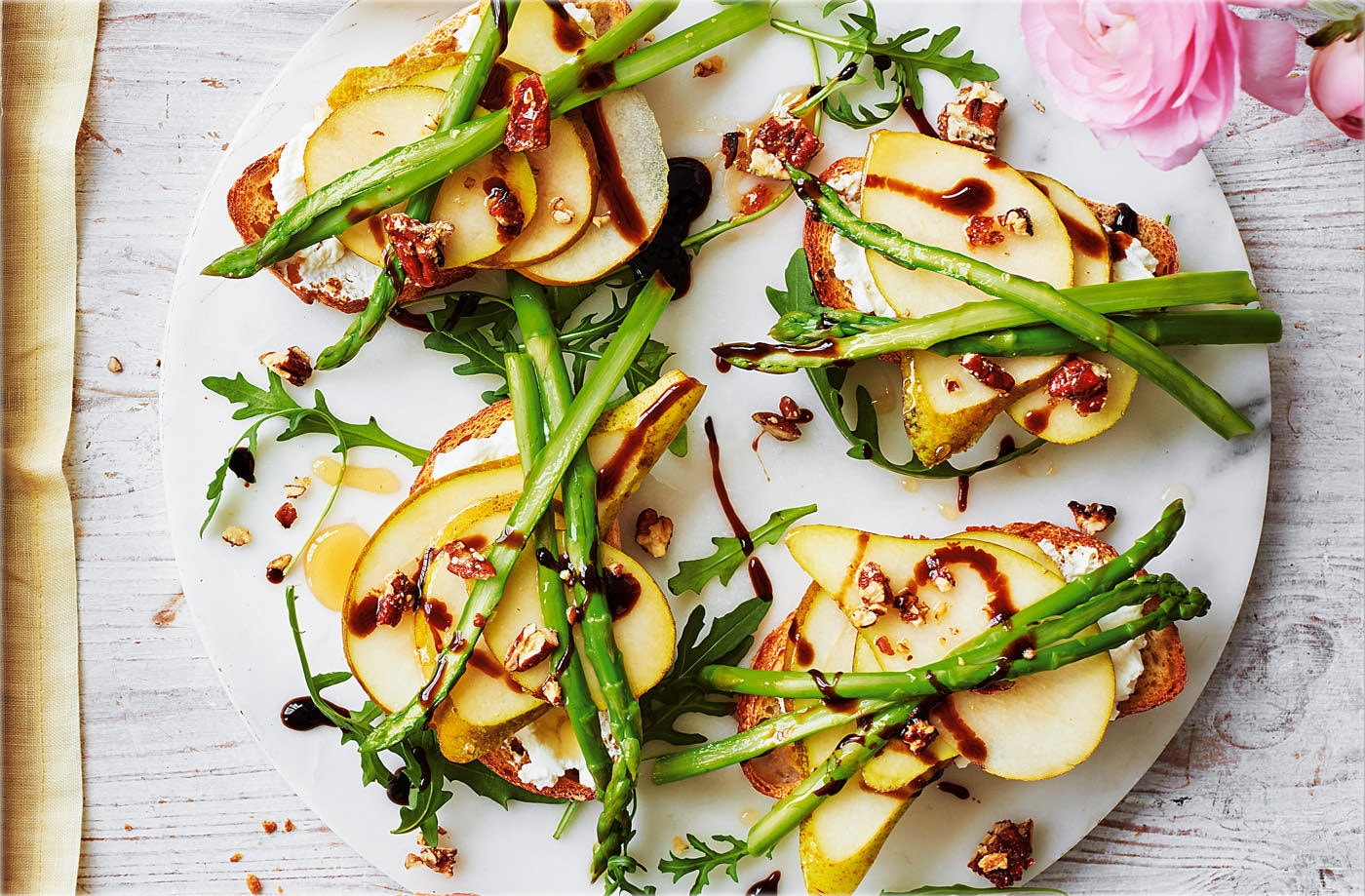 Asparagus, pear and ricotta tartines with candied pecans