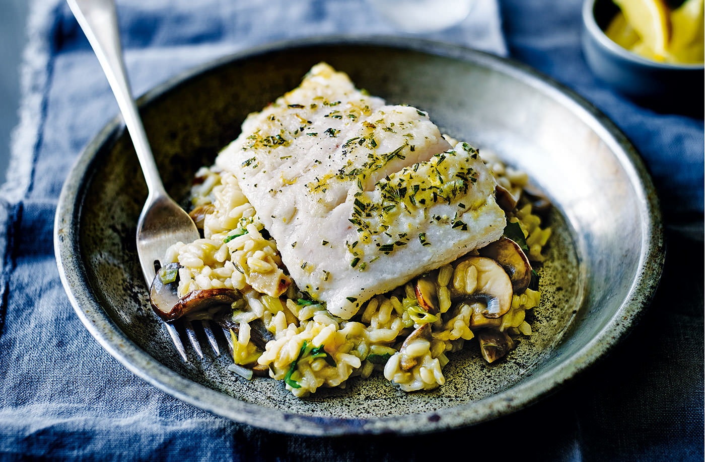 Hake with mushroom risotto