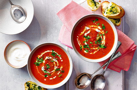 Image of "Smoky roasted pepper soup with garlic bread"