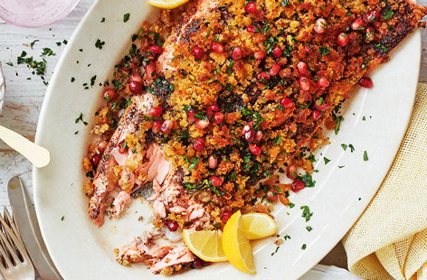Image of "Spice-crusted salmon with parsley and pomegranate dressing"