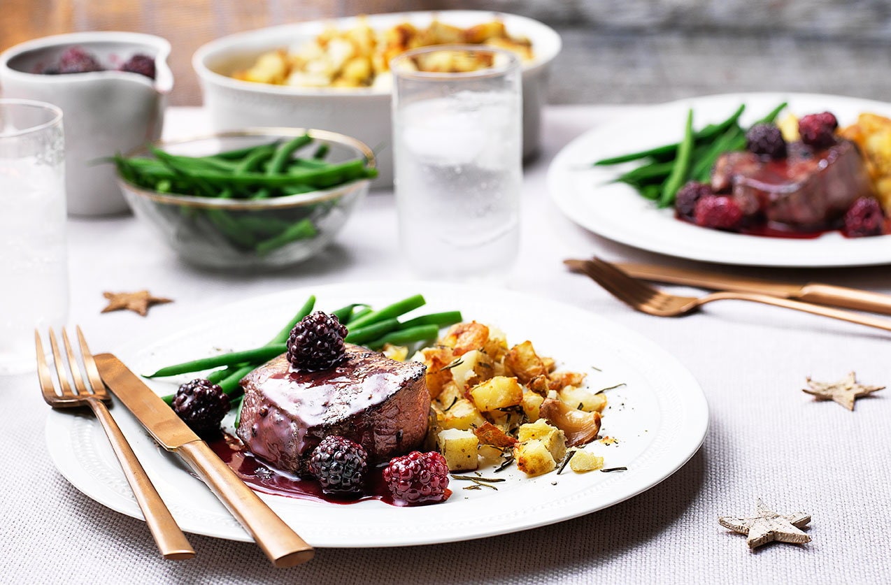 Venison steaks with blackberry and sloe gin sauce