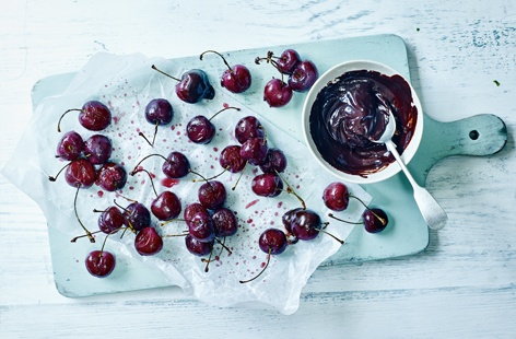 Image of "Roasted cherries with chocolate dipping sauce"