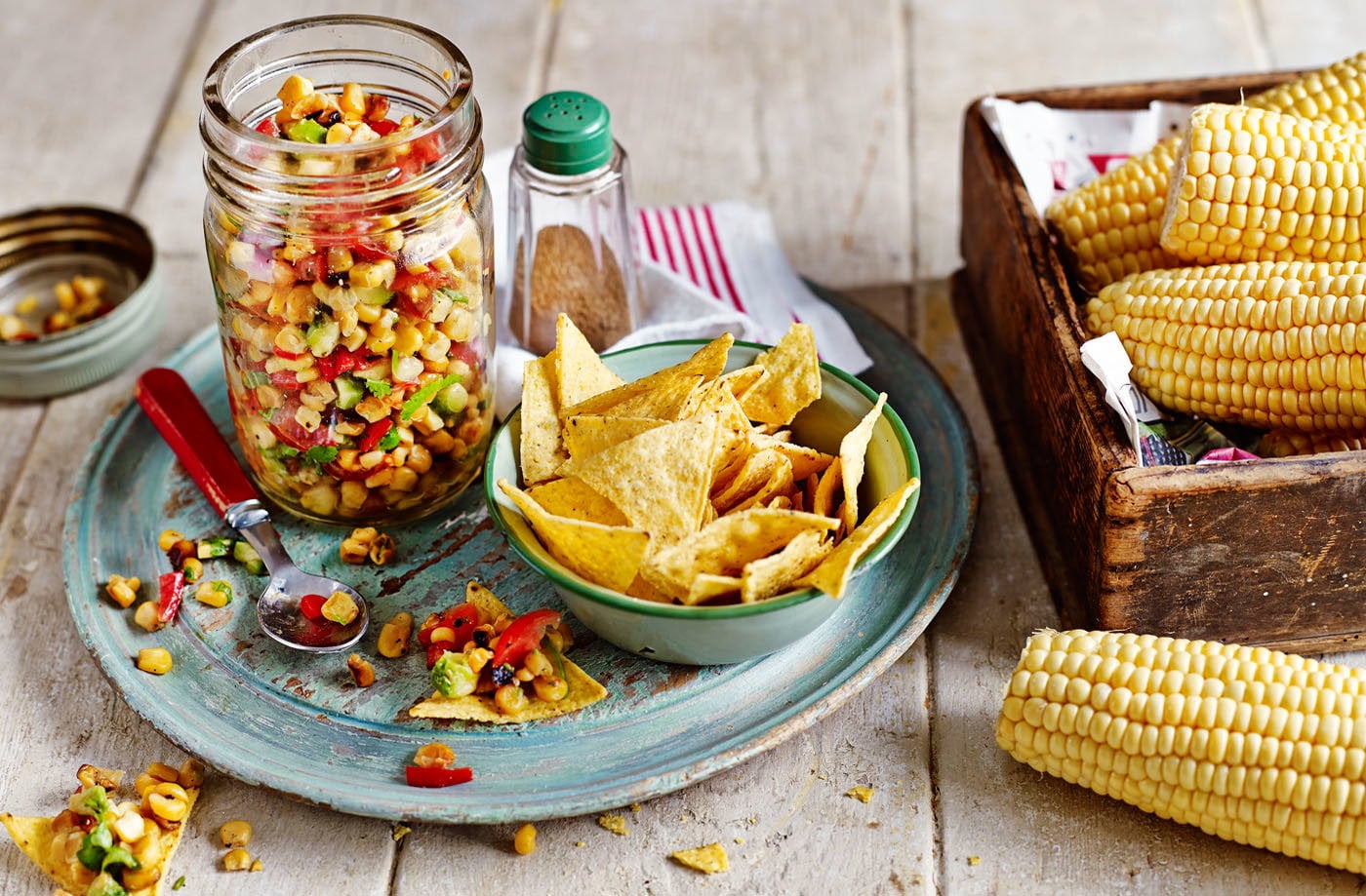 Sweetcorn relish with tortilla chips