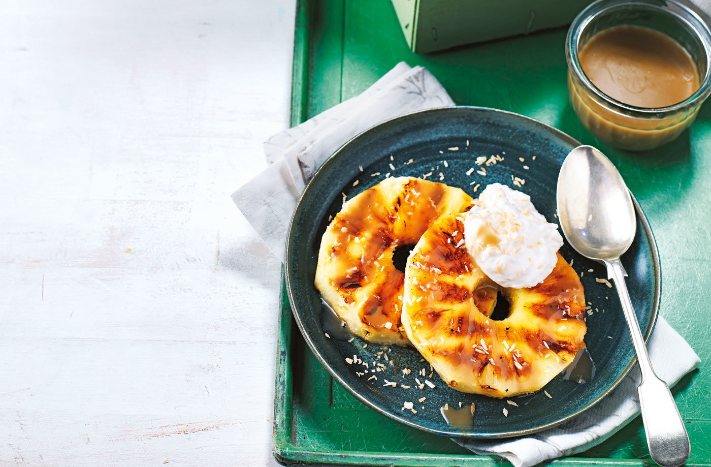 Griddled pineapple rings with coconut caramel