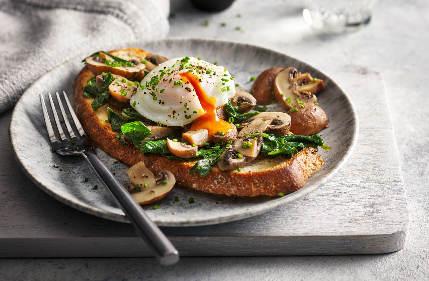 Microwave poached eggs with soy butter mushrooms