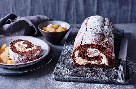 Image of "Pear and whisky chocolate roulade"