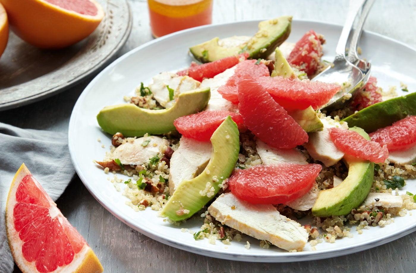 Chicken, pink grapefruit and avocado salad with citrus vinaigrette