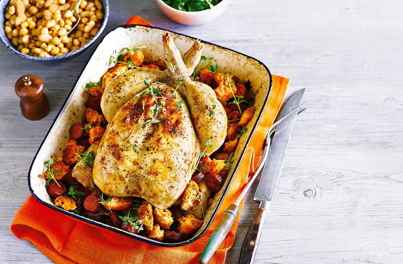 Lemon and thyme roast chicken with chorizo and ciabatta croutons
