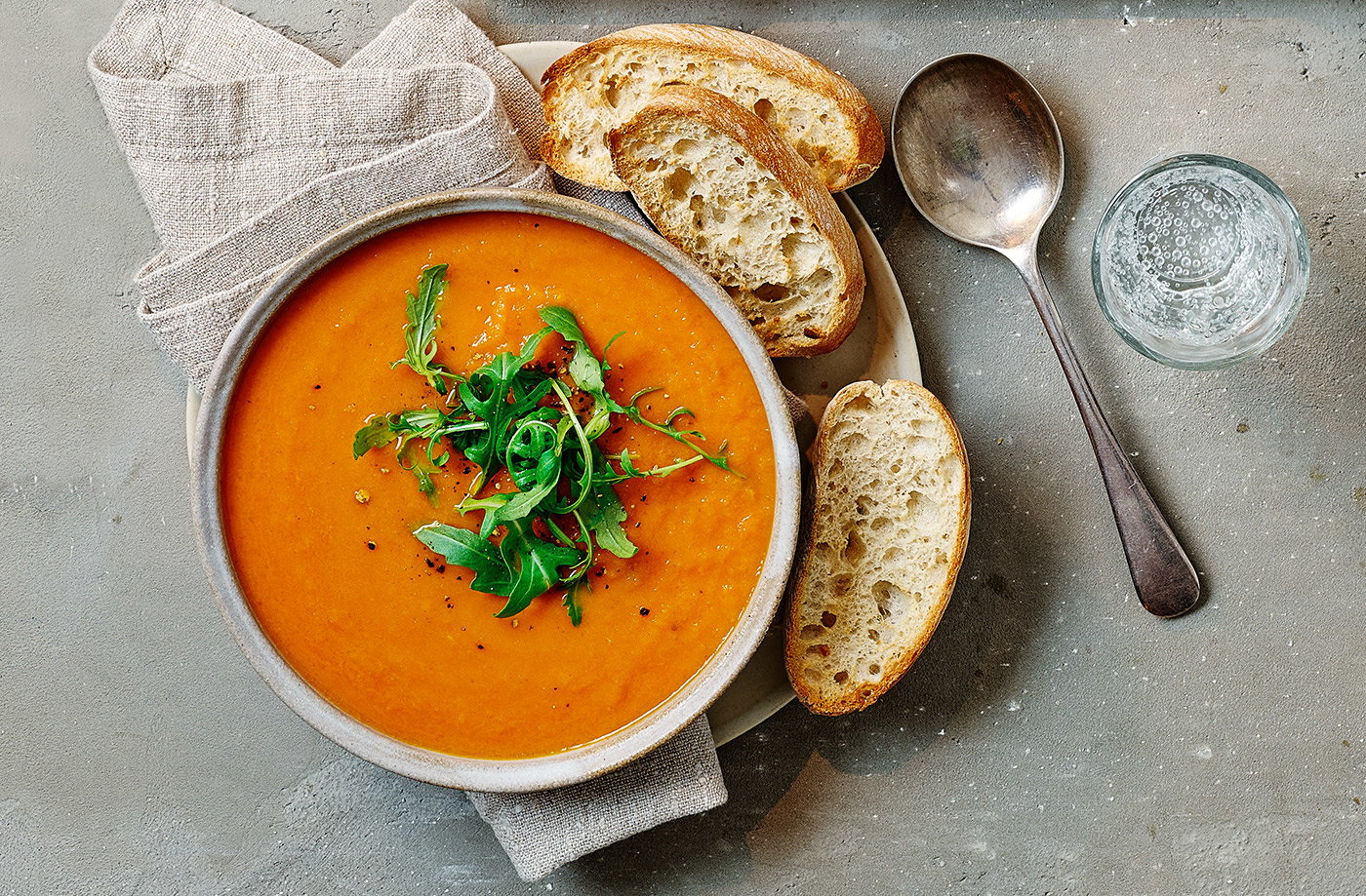 Carrot and tomato soup with toast dippers