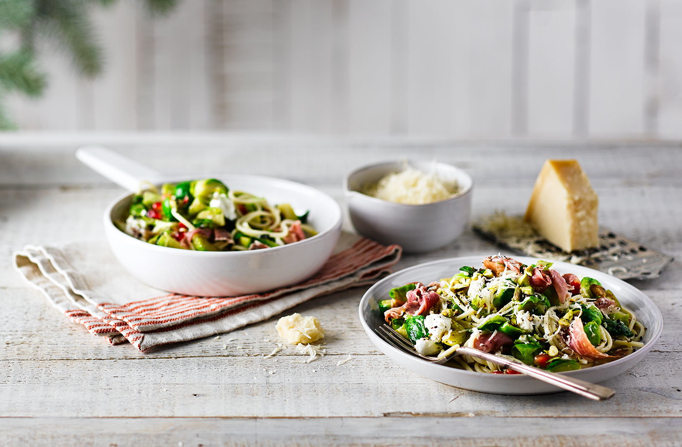 Sprout and prosciutto spaghetti with pistachios