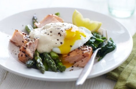 Roasted salmon with panfried asparagus and egg