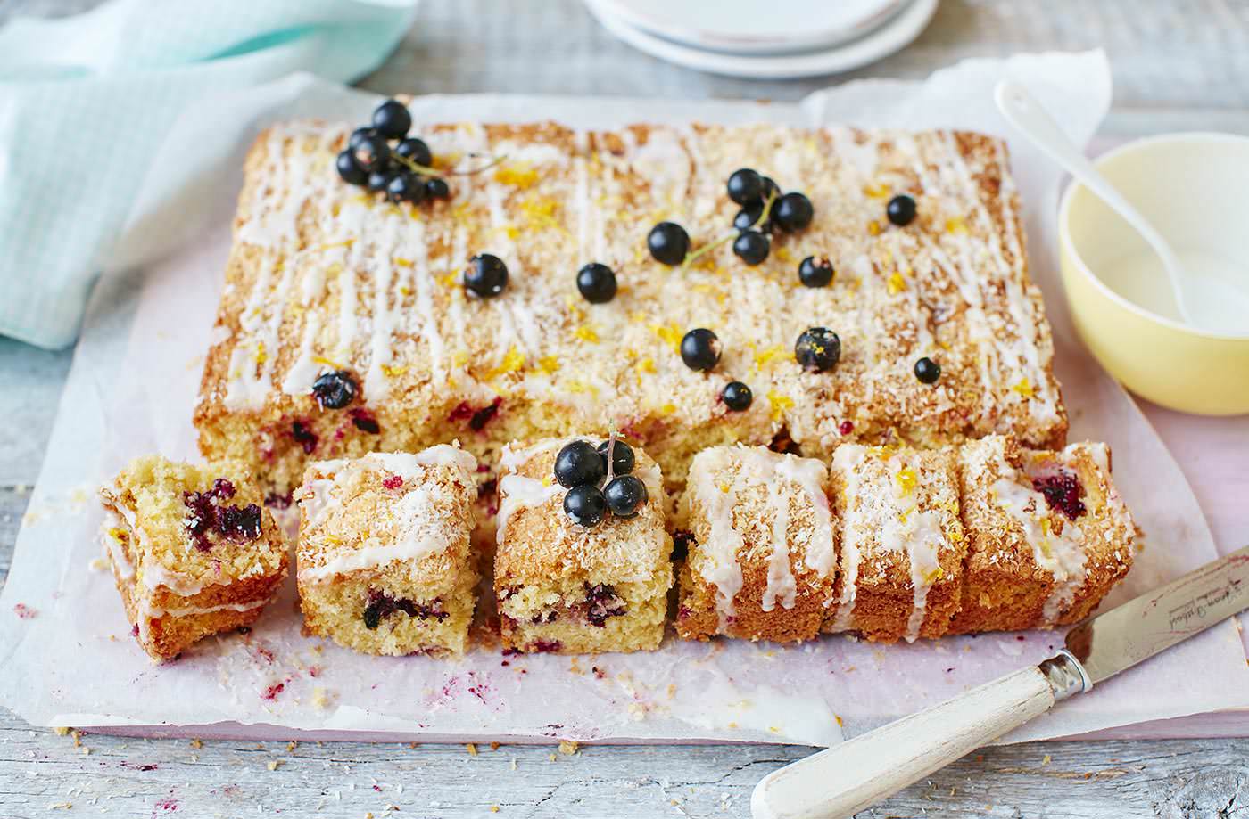 Iced lemon, coconut and blackcurrant traybake