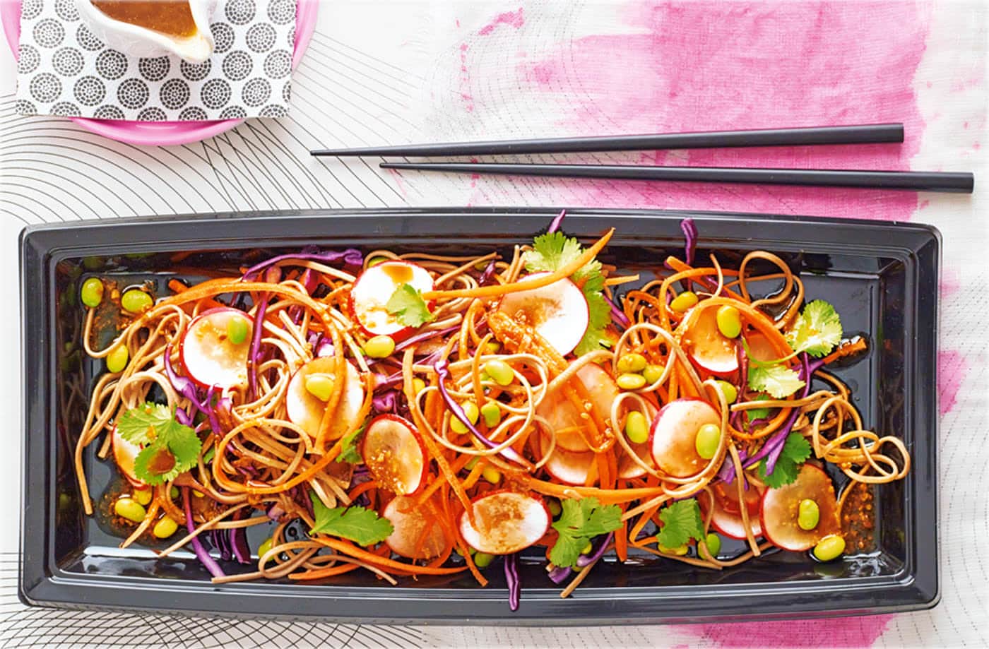 Rainbow soba salad with ginger and miso dressing