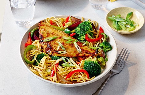 Image of "Grilled teriyaki fish with veg and noodles"