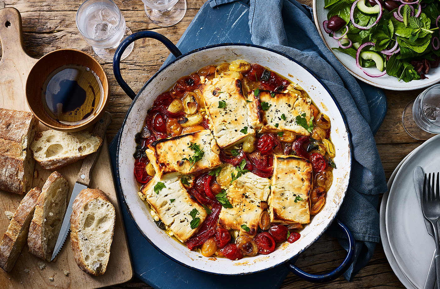 Baked feta and tomatoes with cucumber salad