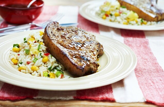 Jerk pork chops with coconut rice