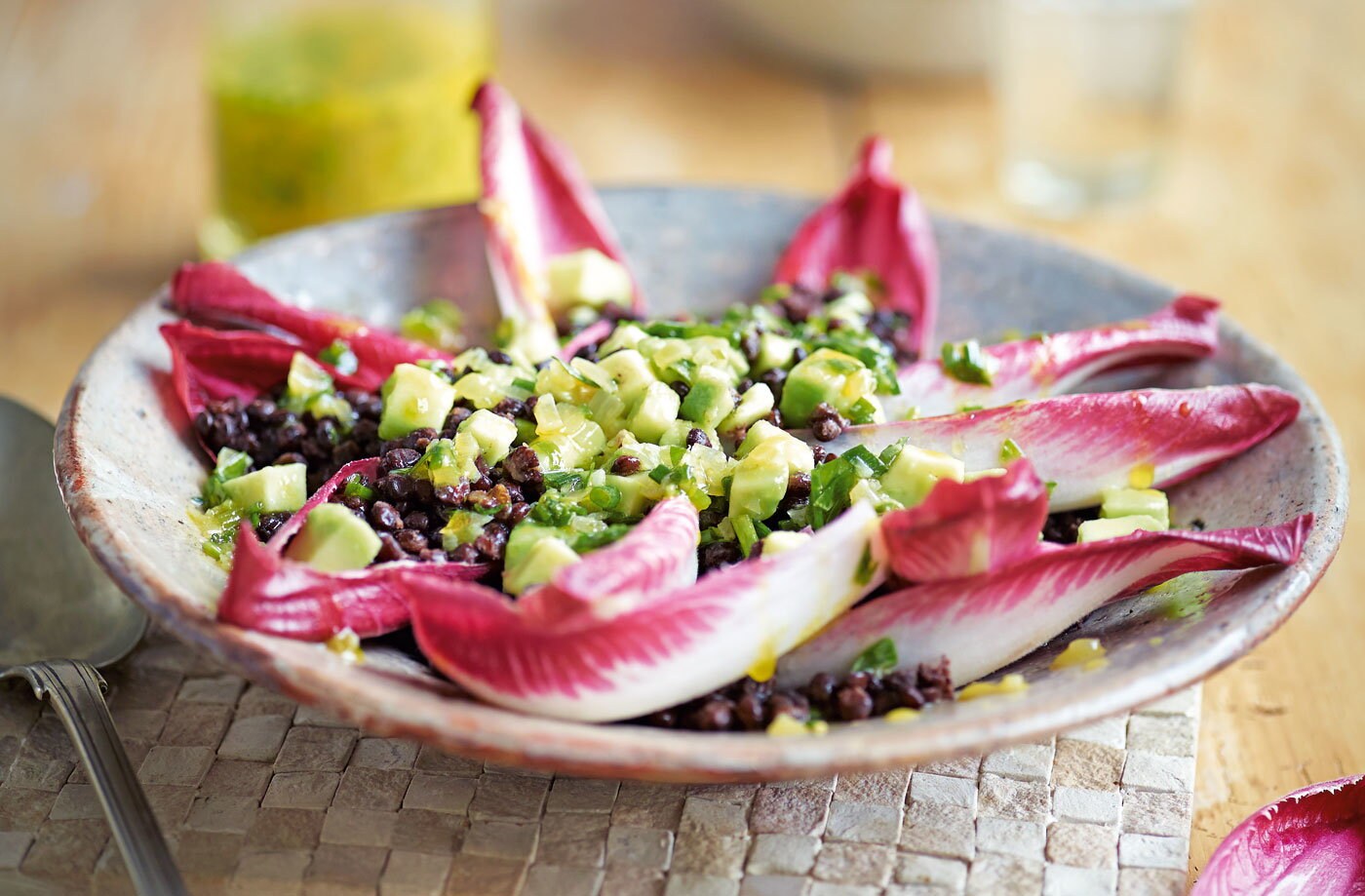 Chicory and lentil salad with warm shallot dressing