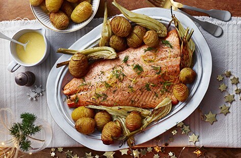 Image of "Roast salmon with hasselback potatoes and beurre blanc"