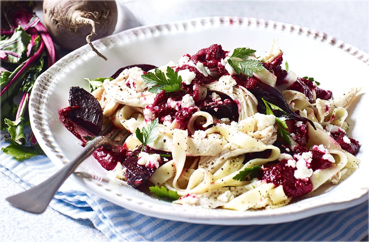 Chicken and beetroot 'pesto’ pasta